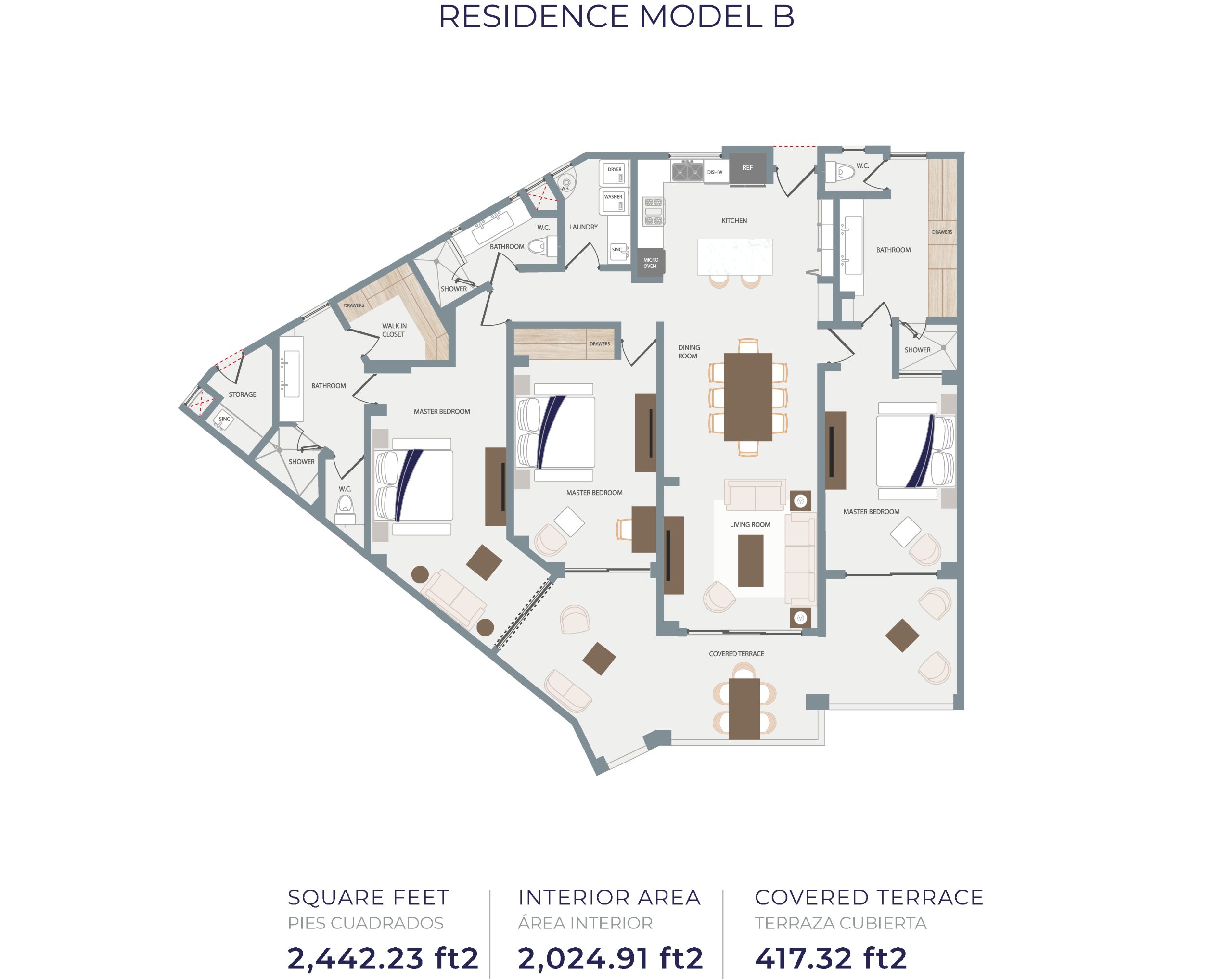 Tortuga Bay Model B floor plan, three bedroom