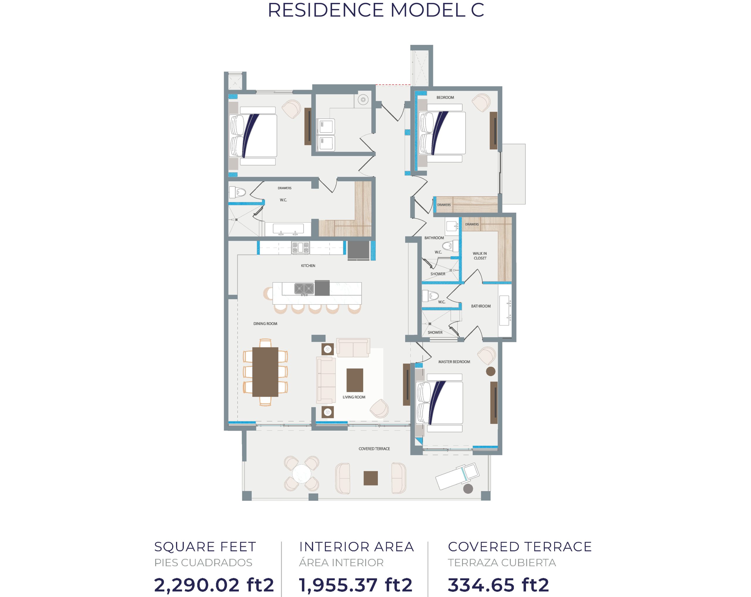 Tortuga Bay Model C floor plan, three bedroom