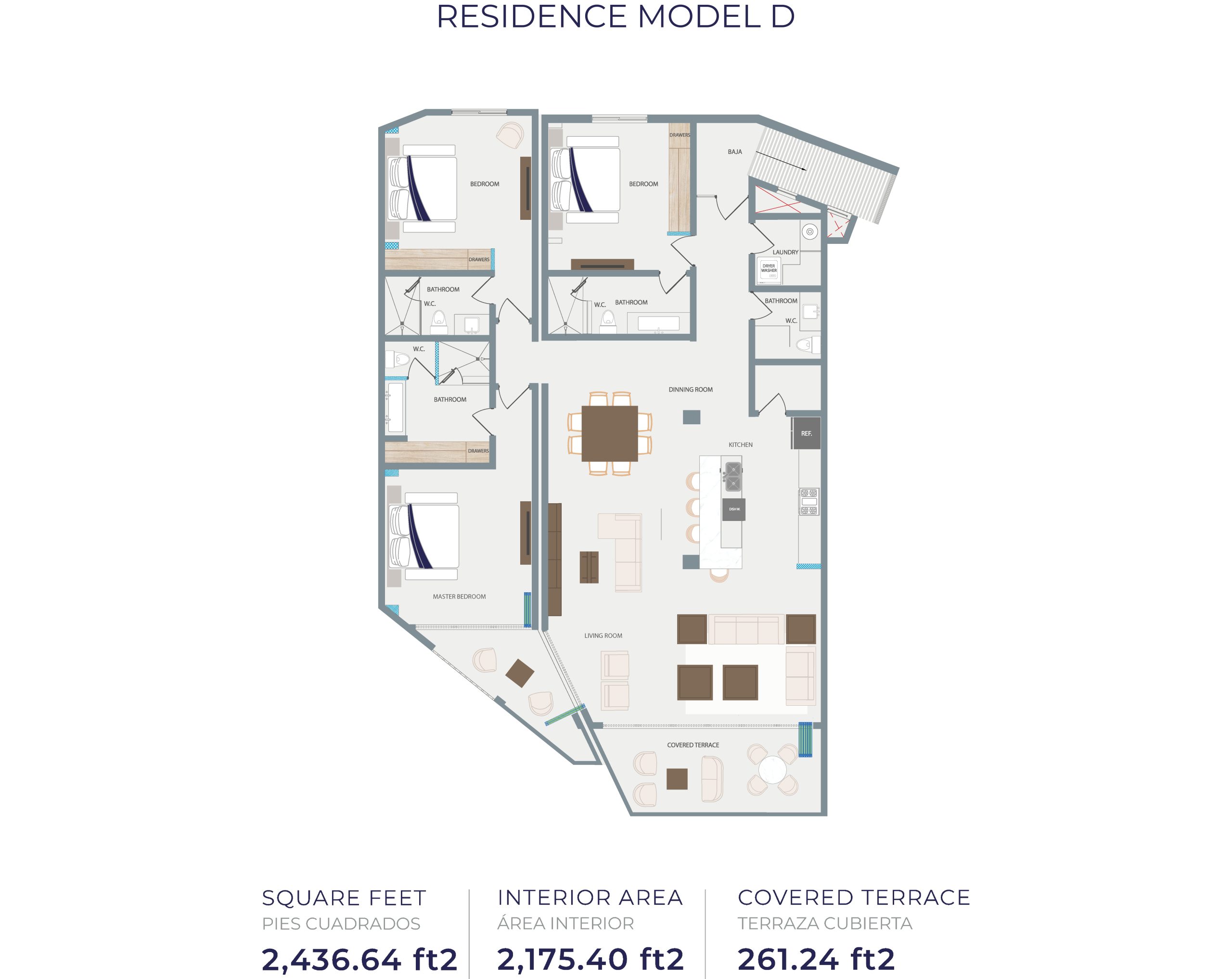 Tortuga Bay Model D floor plan, three bedroom